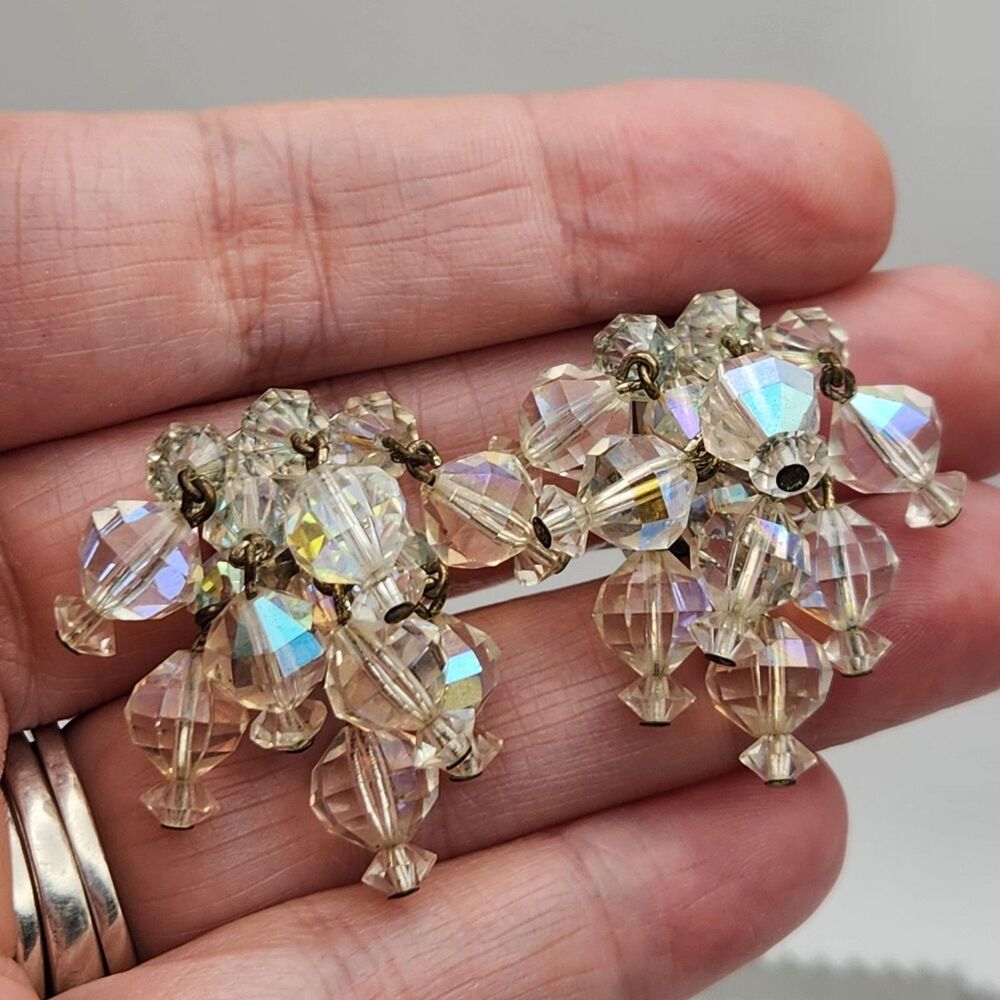 Stunning ChaCha AB Cascade Beaded Clip Earrings Wedding Event Pageant Accessory